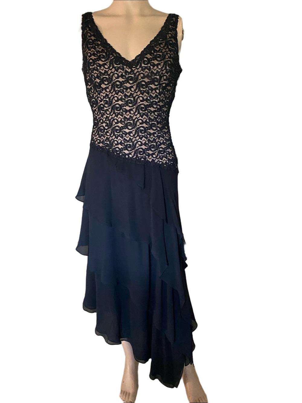 Lillie Rubin Black Lace and Silk Layered Chiffon High-Low Dress